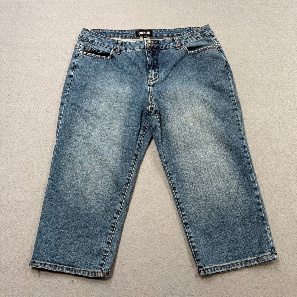 Contrast Capri Jeans Women's 14 Blue Denim Med Wash Straight Embellished Pockets